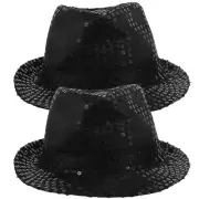 TENDYCOCO 2pcs Fashion Sequin Fedora Hats for Women Men Jazz Hat Disco-Black