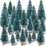 domoi 60 Pieces Mini Sisal Snow Frost Trees Winter Pine with Wood Base Snow Ornaments Tabletop Trees for
