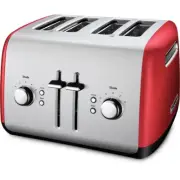 Large Bread Toaster with Crumb Tray 4-Slice Red Extra Wide Slot & Bagel Button