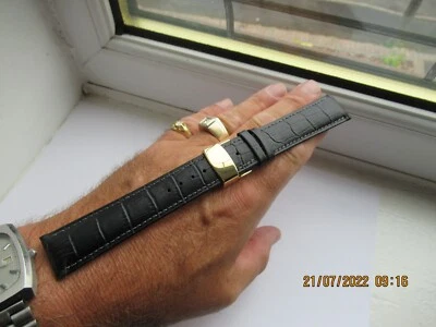 22MM Large Condor Elite Genuine Black Leather Deployment Clasp Watch Strap NEW