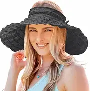 [Ruphedy] Women Wide Brim Visor Sun Hats Vintage Travel Beach Summer Hat UPF 50+ Adjustable/Foldable