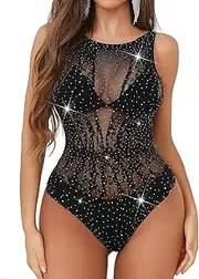[BESDEL] Sexy Lingerie Women's Fishnet Bodysuit Babydoll Mesh Outfit Sexy Babydoll Mini Dress Sequins Rhineston Teddy Bodysuit Black