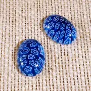Millefiori Art Glass Cabochons 18x13mm Oval Blue White Flowers 2 pcs