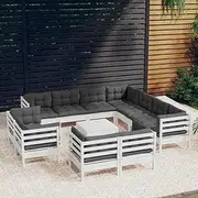 12 Piece Garden Lounge Set with Cushions White Solid Pinewood Patio Bar Sets