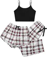[Generic] Women's 3 Piece Top and Shorts Pants Sleepwear Plaid Pajama Set