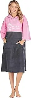NUZAMAS Surf Poncho Changing Towel Color Blocking Mid-Sleeve Microfiber Changing Robe with Hood for Beach Swimming Surfing Bathing (Pink Grey)