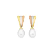 9ct Gold, Tri Tone Cultured Freshwater Pearl Fan Teardrop Earrings in White