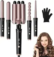 Rotating Curling Iron, 5 in 1 Curl Waver Wand, 28mm Tiny Curling Wand, Smart Digital Display Interchangeable Triple Rotating Barrel Hair Curler with Adjustable Temperature, Fast Heating