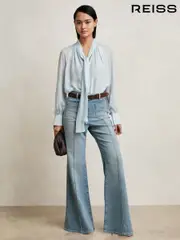 Reiss Pale Blue Tina Silk Blend Chiffon Tie-Neck Blouse (H25073) | $380