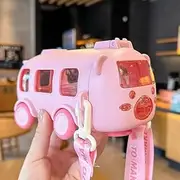Portable Water Cup in Bus Shape With Strap 16.9 Oz,360° Leak-Proof Portable Water Bottle with Straw and Strap,Bus-Shaped Portable Water Bottle,Fun Car Water Cup for Travel Camping Trips (pink)