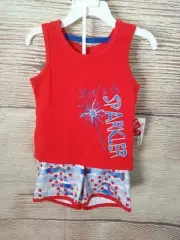 New! 2T Toddler Girls Stars Tank Shorts Set "She's a Sparkler" American Flag USA