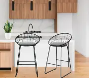 2 x Nordic Bar Stools Metallic Bar Stool Kitchen Fabric Grey Black