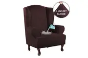 Super Soft Stretch Wingback Chair Cover Form Fit Luxury Suede Fabric Wing Chair Sofa Slipcover, Water Repellent Machine Washable, Brown