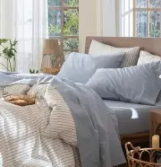 Bedding Sheet Set 100% Washed Cotton Linen Like Textured Queen Cornflower Blue