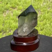 0.57kg Natural Ghost Quartz Obelisk Reiki Crystal Wand Point Tower Decor + Stand
