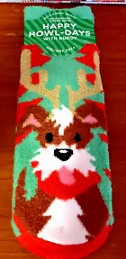 HAPPY HOWL-DAYS WITH BUDDY SHEA INFUSED LOUNGE SOCKS GREEN RED DOG REINDEER NWT