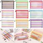 Rainbow Color Nylon Zipper Pencil Case Grid Mesh Pen Bag Cosmetic Storage