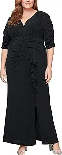 [S.L. Fashions] Women's Long V-Neck Mother of The Bride Dress with Ruched Waist, Elbow Sleeves and Front Slit (Plus Size)