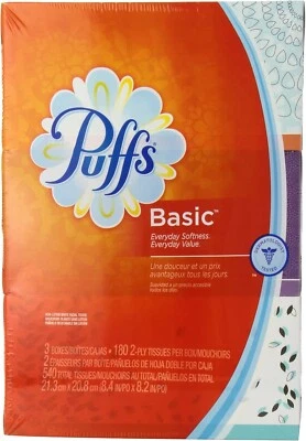 3 Boxes - Puffs Basic 2-Ply Facial Tissues, White, 180 Tissues Per Box