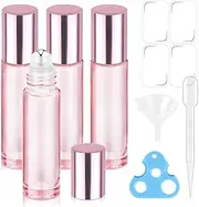 bofessor 4 Pack Pink Glass Essential Oil Roller Bottles, 10ml Empty Refillable Rollerballs with Pink Caps - Travel Roll-On Containers for Perfume & Essential Oils