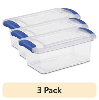 (3 Pack) 7 Quart Latch Box, Clear Plastic Storage Bin with Clear Lid, Blue
