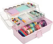 14” Plastic Tackle Box Organizer - 3-Layer Portable Sewing Box, Art Caddy, Craft Storage, First Aid Medicine Utility Toolbox or Hair Accessories Organizer with Latch and Handle by Stalwart (Pink)
