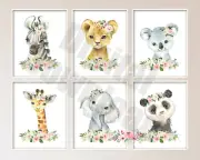 Set of 6 Safari Animal Nursery Prints / Printable Blush Safari Zoo Animals Water