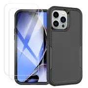 ZUSLAB iPhone 15 Pro Case with 2X Screen Protector Tempered Glass Rugged Defender Heavy Duty Shockproof Cover for Apple (2023) - Black