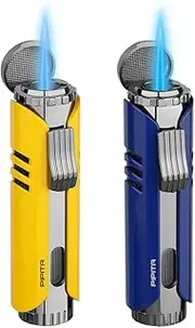 PIPITA 2 Pack Torch Lighter Windproof Butane Gas Lighter Jet Single Flame Metal Lighter, Adjustable Flame and Refillbale Fuel Metal Lighter (Butane Not Included) (Blue+Yellow)
