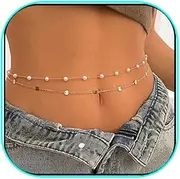 [Todenb] Bohemian Fake Pearl Bikini Body Chain for Women,Adjustable Waterproof Belly Waist Layered Cubic Zirconia Swimsuits Beach Chains Summer Festival Mermaid Party Accessories (Style-B), Style-B