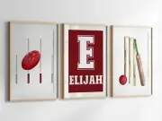Set of 3 Aussie Rules Cricket Sports Nursery Wall Art, Kids Sports Wall Decor