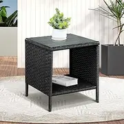 LIVSIP Outdoor Coffee Table Garden Patio Furniture Desk with Rattan Side Table Fully Weaved and Clear Glass on Top 41X41X46CM, Black