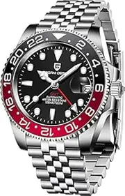 [Danmus] Top Brand Mechanical Watches For Mens 40mm GMT Automatic Mens Mechanical Watches Stainless Steel Waterproof Sapphire Glass Luminous Wristwatch for Men Ceramic Bezel PD-1662 (BLACK RED)