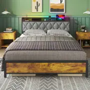 Advwin Double Size Bed Frame Industrial with Headboard Storage Charging Station and LED Light