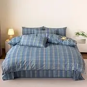 Geometric Stripe Duvet Cover Blue Plaid Print Bedding Set King Size Grids Lattice Reversible Comforter Cover Soft Comfy Bedroom Decor Quilt Cover Set for Kids Teen Boys Girls,Double(180x210cm)