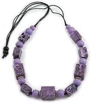 [Avalaya] Chunky Purple with Animal Print Cube and Ball Wood Bead Cord Necklace - 90cm Max, One Size, cords Wood