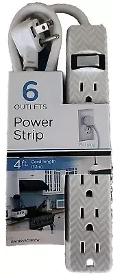 6-Outlet Power Strip ~ 4 Ft Extension Cord ~ Grey & White CHEVRON ~ Flat Plug