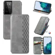 For Samsung Galaxy S21 Ultra Case, Cubic Grid Folio Magnetic PU Leather Cover Wallet, Kickstand, Gray