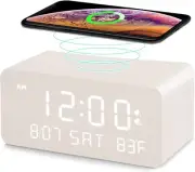Andoolex Wooden Digital Alarm Clock with Wireless Charging, 0-100% White
