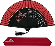 FANSOF.FANS Floral Red and Black Chinese Japanese Silk Fabric Handheld Folding Hand Fan with Pouch and Gift Box Grade A Bamboo Ribs for Women Girls Dance Event Birthday Wedding Favour Gift (Style 05)
