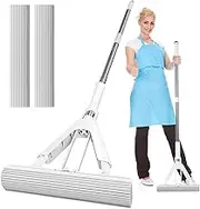 Self-Wringing PVA Sponge Mop, 11.02in Absorbent Roller Mop for Floor Cleaning, Includes 2 Reusable Heads, Quickie Butterflies Squeeze Mop for Wet & Dry Home Use