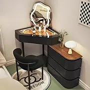Corner Vanity with Mirror and Lights，Makeup Table Set with Chair Glass Top Vanity Table with Drawers Telescopic Dresser Vanity Desk for Women(Black,60CM_B)