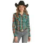 RRWSOSRZ15 Rock & Roll Women's LS Aztec Print Western Snap Shirt - Teal NEW