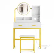 Advwin Dressing Table Set with Power Outlet and LED Light 360°Adjustable Mirror Angle White&Golden