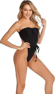 [HHZY] Women's Bandeau One Piece Swimsuit Thong Zebra Pattern Strappy Lace Up Sexy Swimsuits High Legs Slimming Push Up Bathing Suit Bikini Swimwear,Black,S