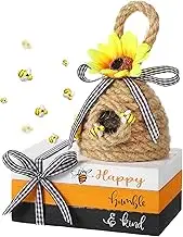 4 Pieces Bee Hive Decor, Tiered Tray Decor, Sunflower Jute Decorations With 3 Pcs Wood Book Honey Combs for Home Coffee Table Bookshelf Farmhouse Kitchen Summer Spring