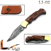 Rose Wood 6.5'' Damascus Steel Brass Bloster Folding Knife Back Lock LI-02
