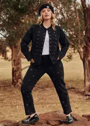 [Virtuelle] Taking Shape Military Style Denim Jacket Size 16 in Washed Black - Plus Size Women's Clothing Washed Black