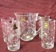 Vtg Oneida RCR Laurus Cut Leaf Pitcher Highball Tumbler Set 24% Lead Heavy Italy