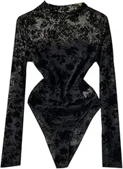 [Plsingmova] Black Long Sleeve Bodysuit Women Mesh Lace Floral Body Suits Sexy Sheer Shapewear Corset Tops